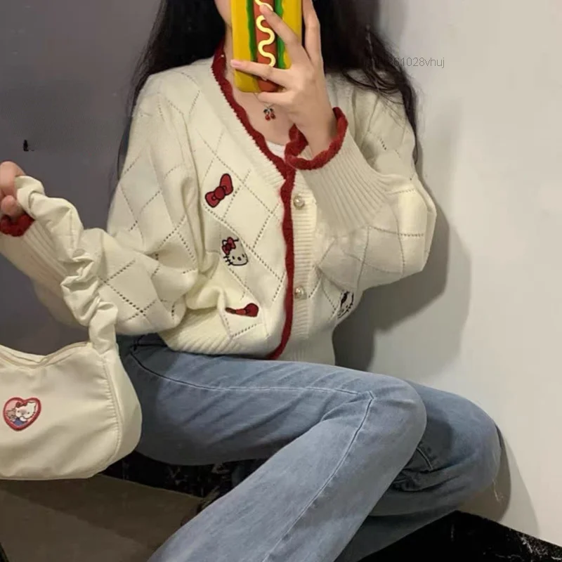 Y2k 산리오 헬로 키티 패턴 여성 가디건, 루즈 스웨터, 학생 프레피, 스위트 걸, 귀여운 니트웨어, 올매치 소프트 탑