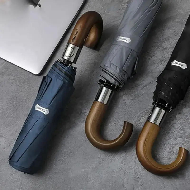 PARACHASE 10-rib wooden curved handl automatic folding umbrella rain wind resistant