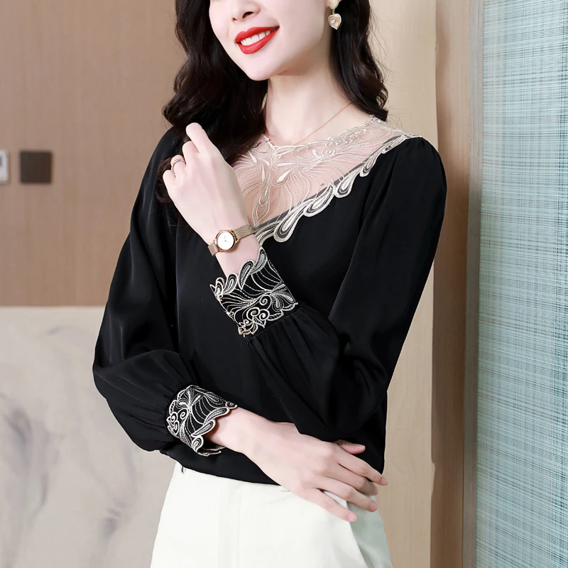 

Retro Silk Satin shirt For Women Spring Autumn 2023 New Patchwork embroidery Mesh Tops Long Sleeve Pullover Blouse