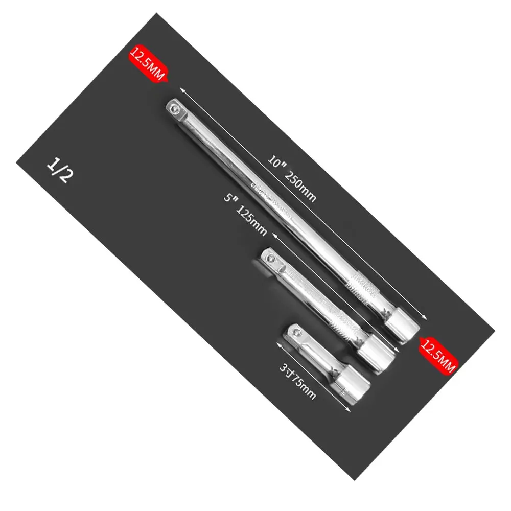 3-teiliges Set 1/4 Zoll 3/8 Zoll 1/2 Zoll Antriebsverlängerungssatz Steckschlüssel-Ratschenverlängerung 50-250mm Steckschlüssel-Verlängerung Handwerkzeug – Detail 6