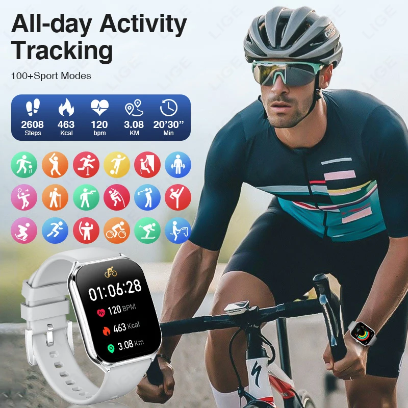 LIGE Smartwatch Men Women 3ATM Waterproof Wireless BluetoothCall Smart Clock Vioce Assistant Sport Fitness Watch for Android iOS