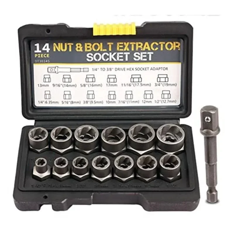 

14Pcs Extraction Socket Set Impact Bolt Nut Remover Set Bolt Extractor Tool Kit For Removing Damaged Bolts Nuts Screw