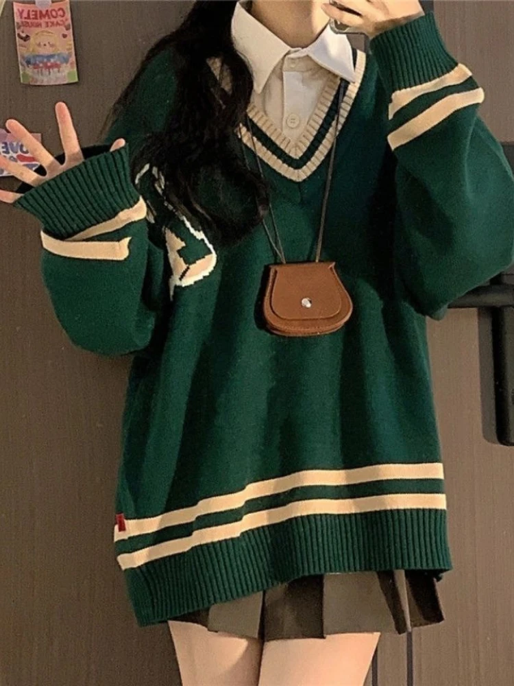 

Deeptown Y2K Preppy Style Green Striped Sweater Women Harajuku Vintage V-neck Jumper Blue Long Sleeve Loose Chic Tops Sweet JK