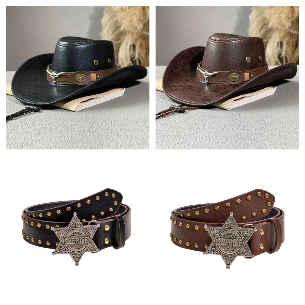 Vintage Western Cowboy Hat with Y2K Punk Star Buckle Riveted Waist Belt Women Outdoor Travel Wide Brim Cowgirl Sun Cap 2pcs/set