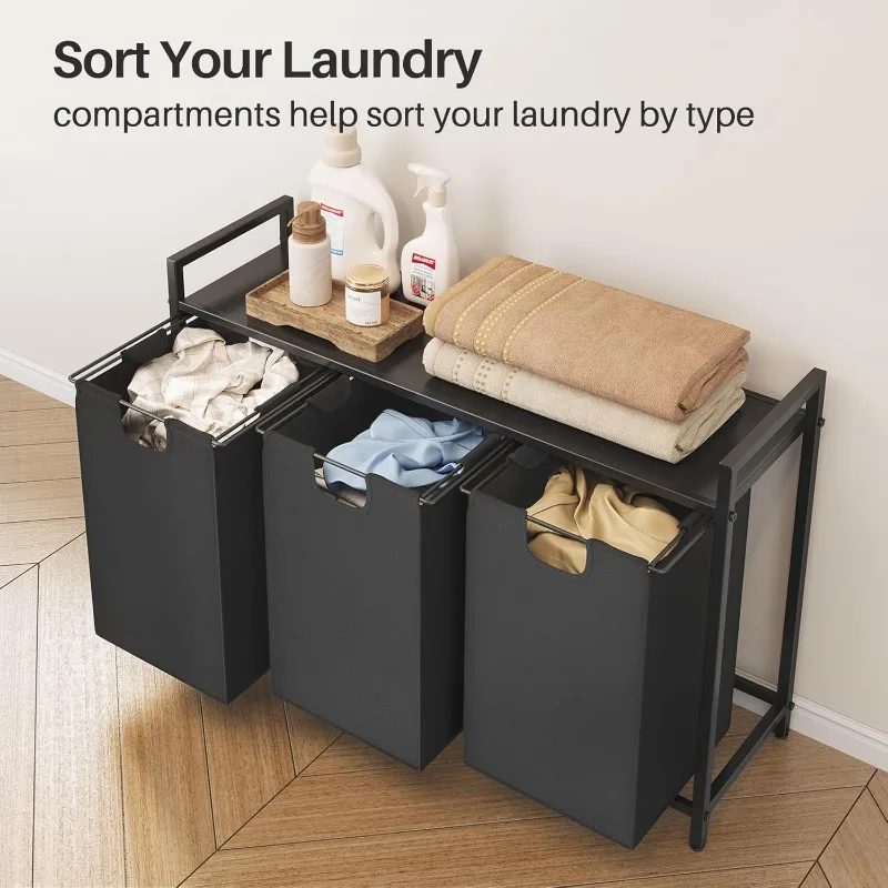 Laundry Hamper with Shelf - Laundry Basket Organizer with 3 Pull-Out Removable Bags Laundry Sorter Dirty Clothes Hamper. 3