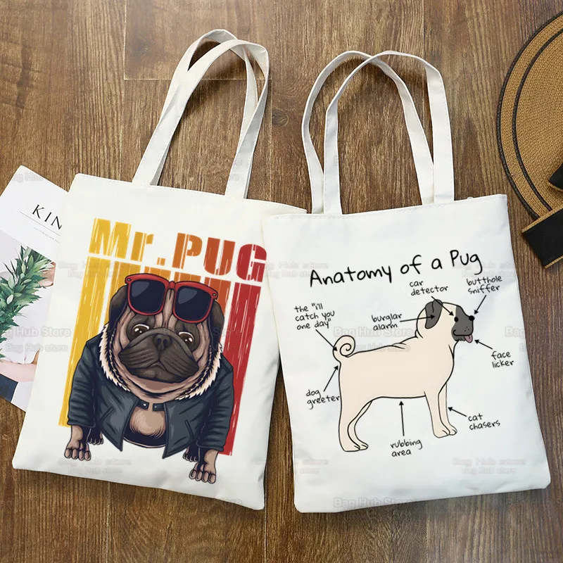 

Dog Pet Pug Life Pug Anatomy Cartoon Printed Canvas Shoulder Bag Female Harajuku Funny Large-capacity Eco Shopper Bag