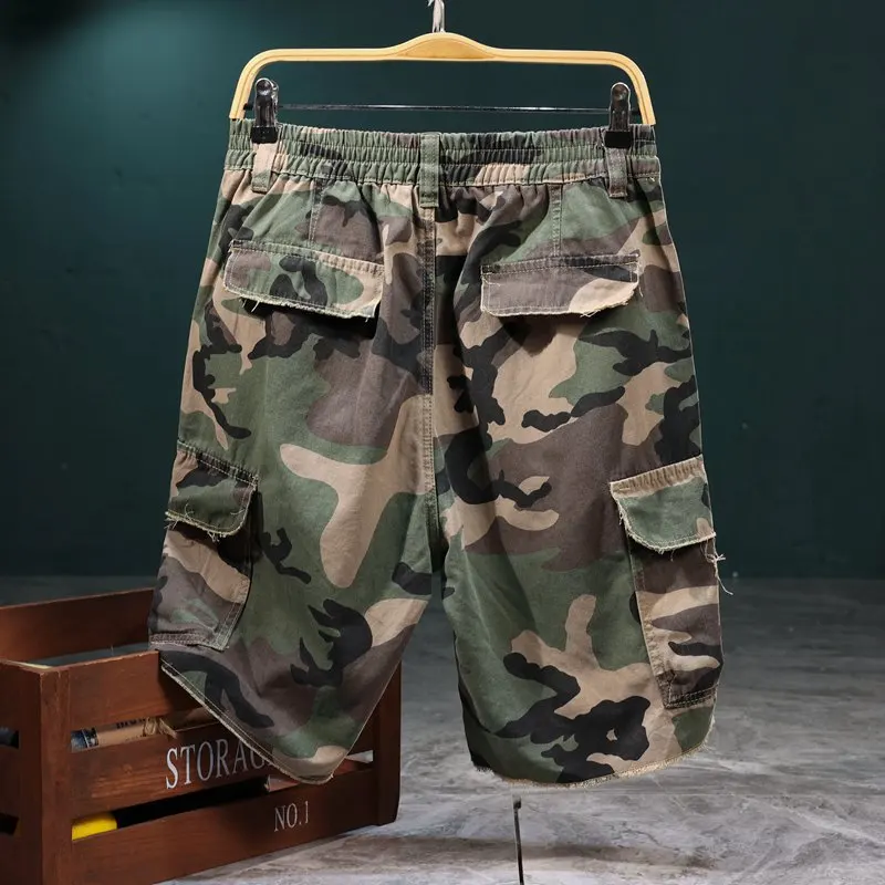 Workwear Camouflage Shorts Men's Summer Hole & Patch Street Design Loose Casual Cool Trendy Capris Men's Clothing