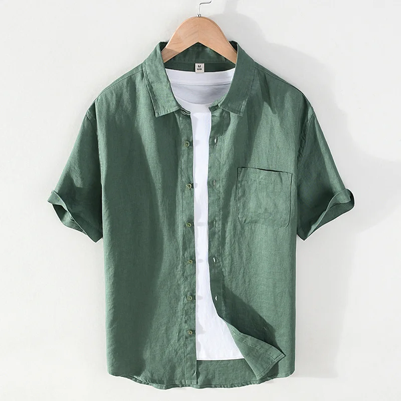 923 100% Linen Men's Summer Fashion Shirt High Quality Solid Color Simple Casual Short Sleeve Blouses Basic Thin Breathable Tops 5