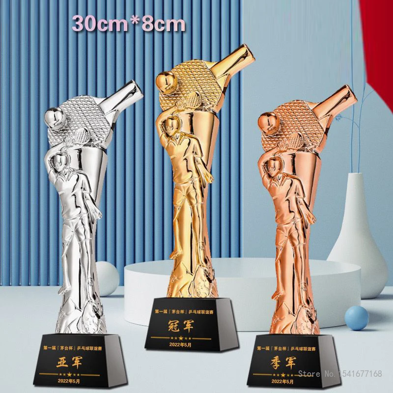 Customized Resin Table Tennis Trophy Gold Silver Copper Awards Souvenirs Home Decorations Craft Lettering Crystal Base Medal 1Pc