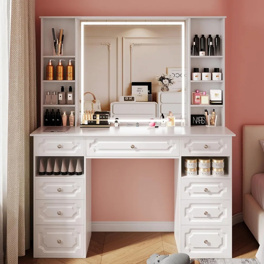 Dressing Table, Vanity Desk with Mirror and Lights, Makeup Vanity Desk with Facial Mask Box, with Bluetooth Speaker 5