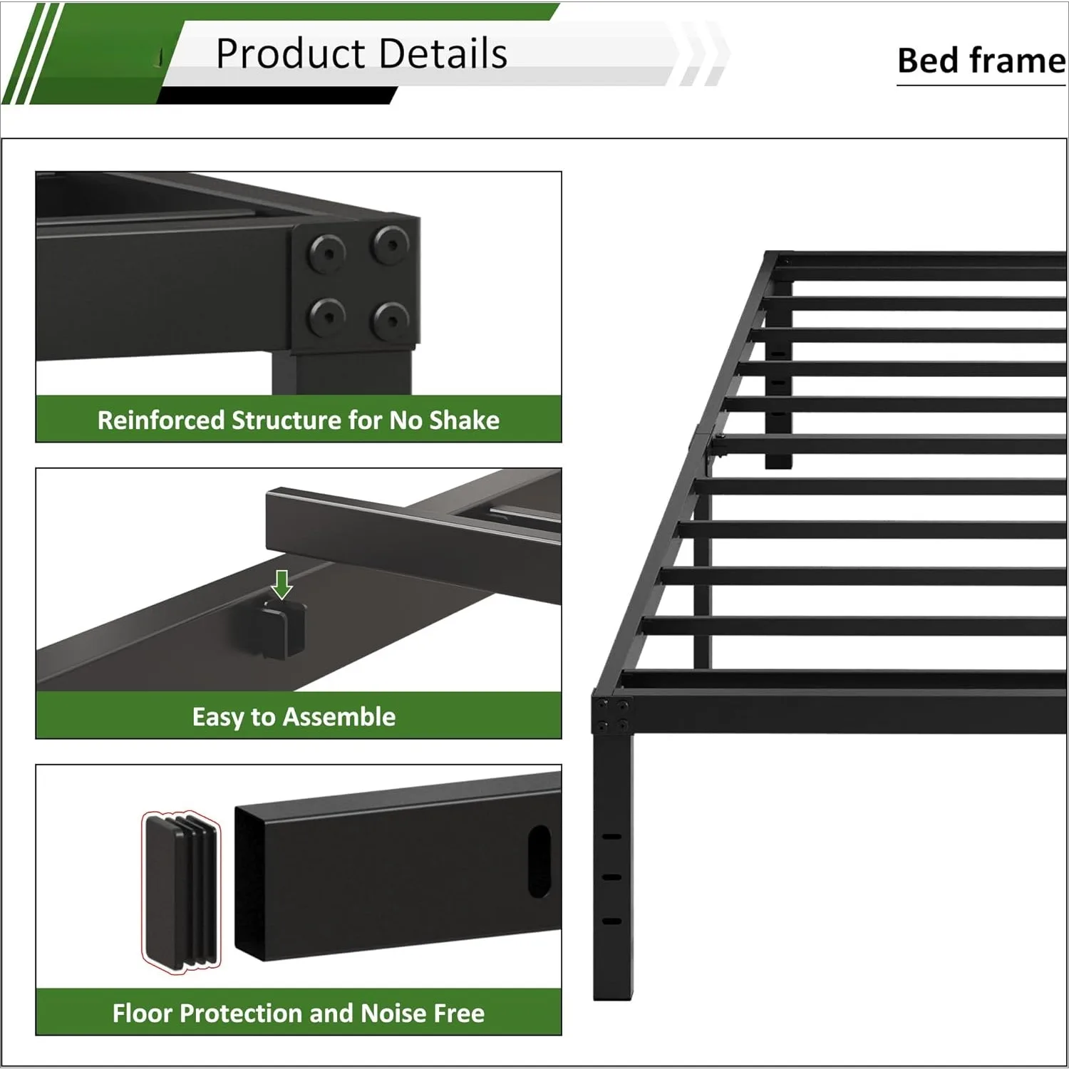 18 inch double bed frame without springs, heavy-duty high metal double bed frame, noise free, easy to assemble, black 5