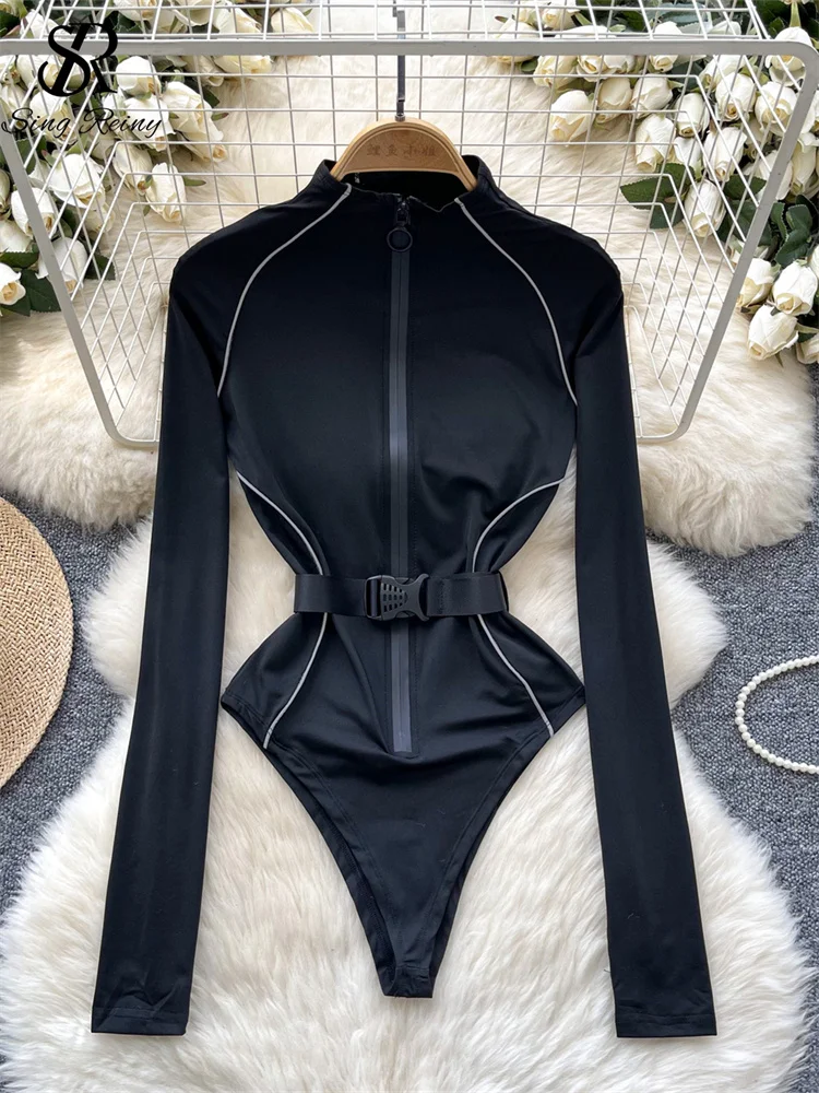 SINGREINY American Fashion Sexy Playsuits Female Stand Collar