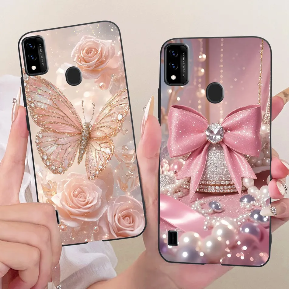 Charming Floral Butterfly Cat Black Silicone Phone Case