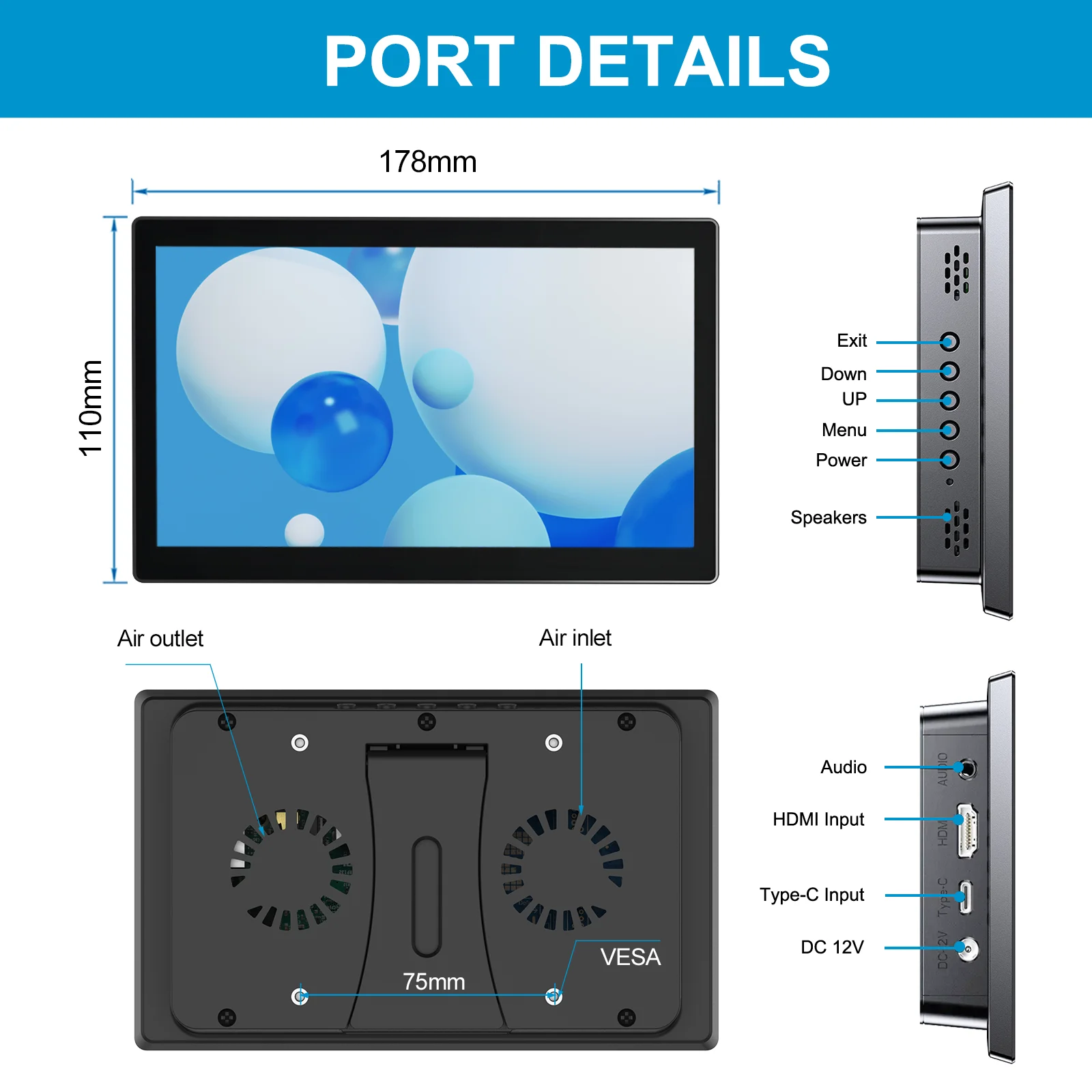 7인치 터치스크린 1024x600 LCD 모니터 라즈베리 파이3 4 5 휴대용 보조 화면 HDMI 타입-C VESA 지원 노트북 모바일용