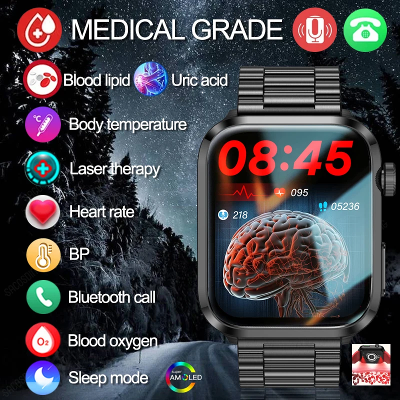 

Blood Sugar Smart Watch Men Women Health Blood Lipid Uric Acid Monitor Bluetooth Call Laser Therapy Body Temperature Smartwatch