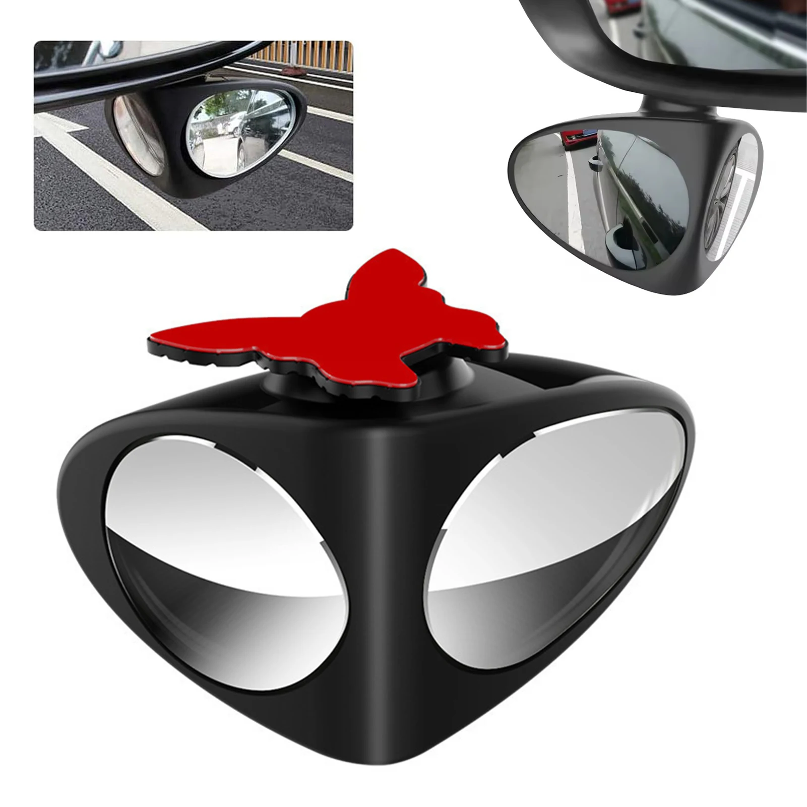 A waterproof blind spot mirror with water droplets during a rainy day drive.