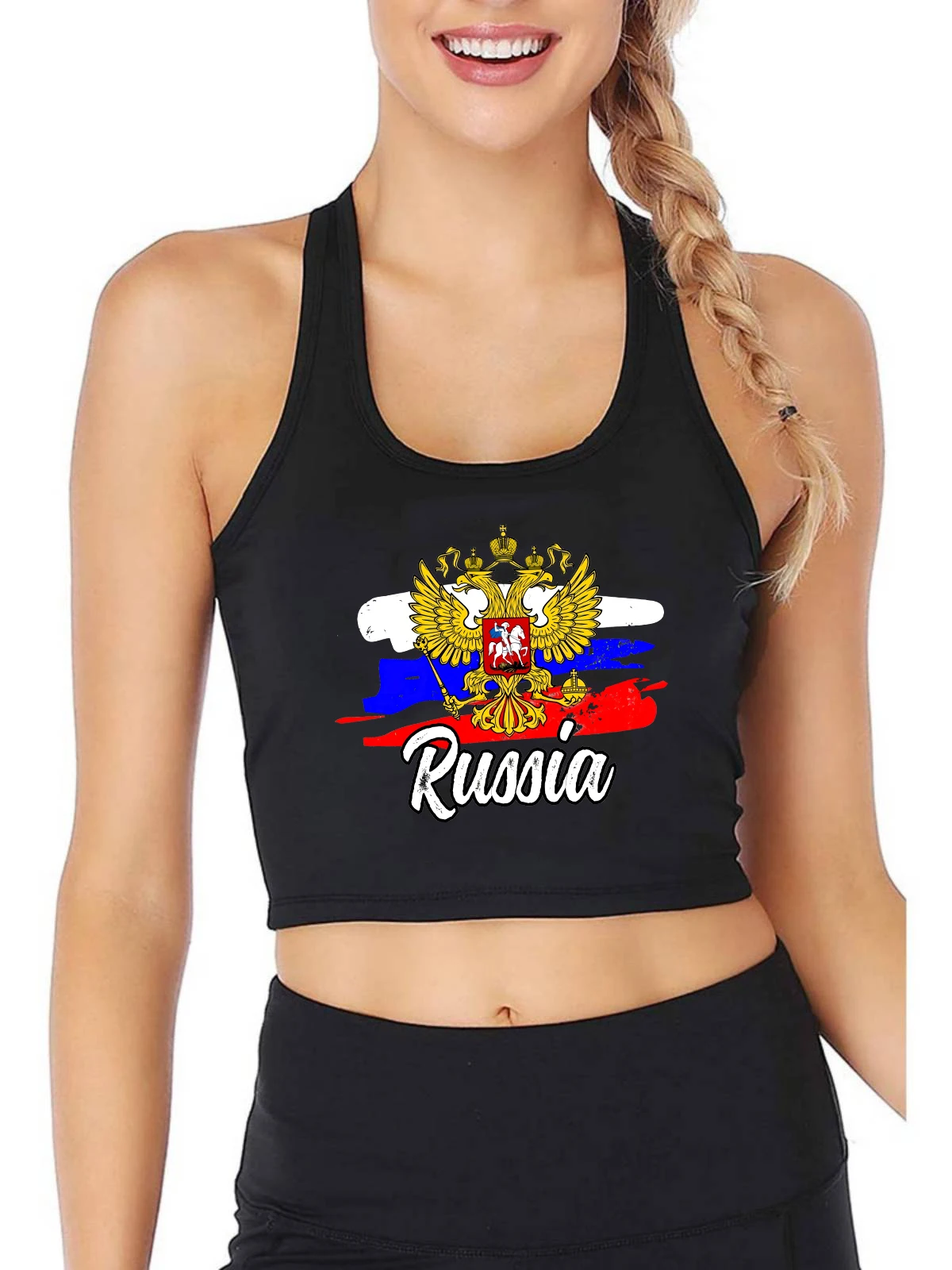 

Женский хлопковый облегающий топ с эмблемой России