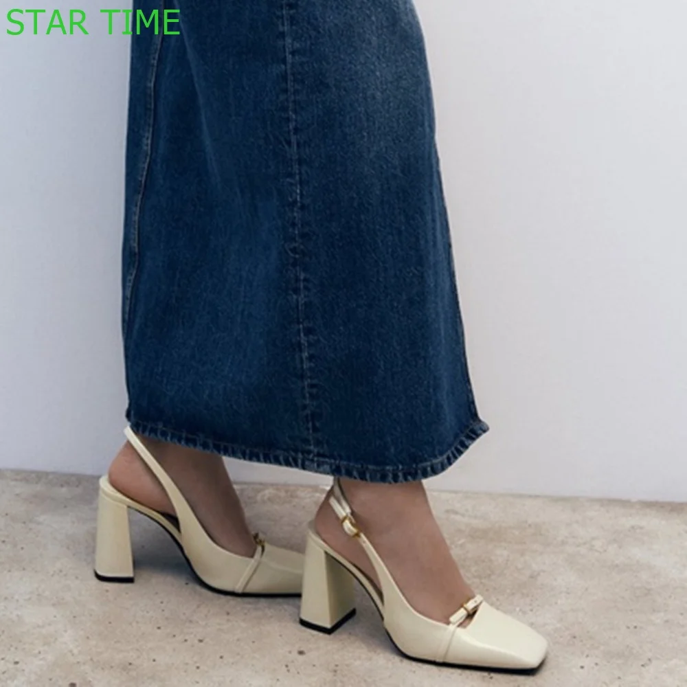 

Square Toe Thick Heel Mary Janes 2024 Summer New Casual Belt Buckle Back Strap Slingback Sandal Beige Fashion Women Sandals