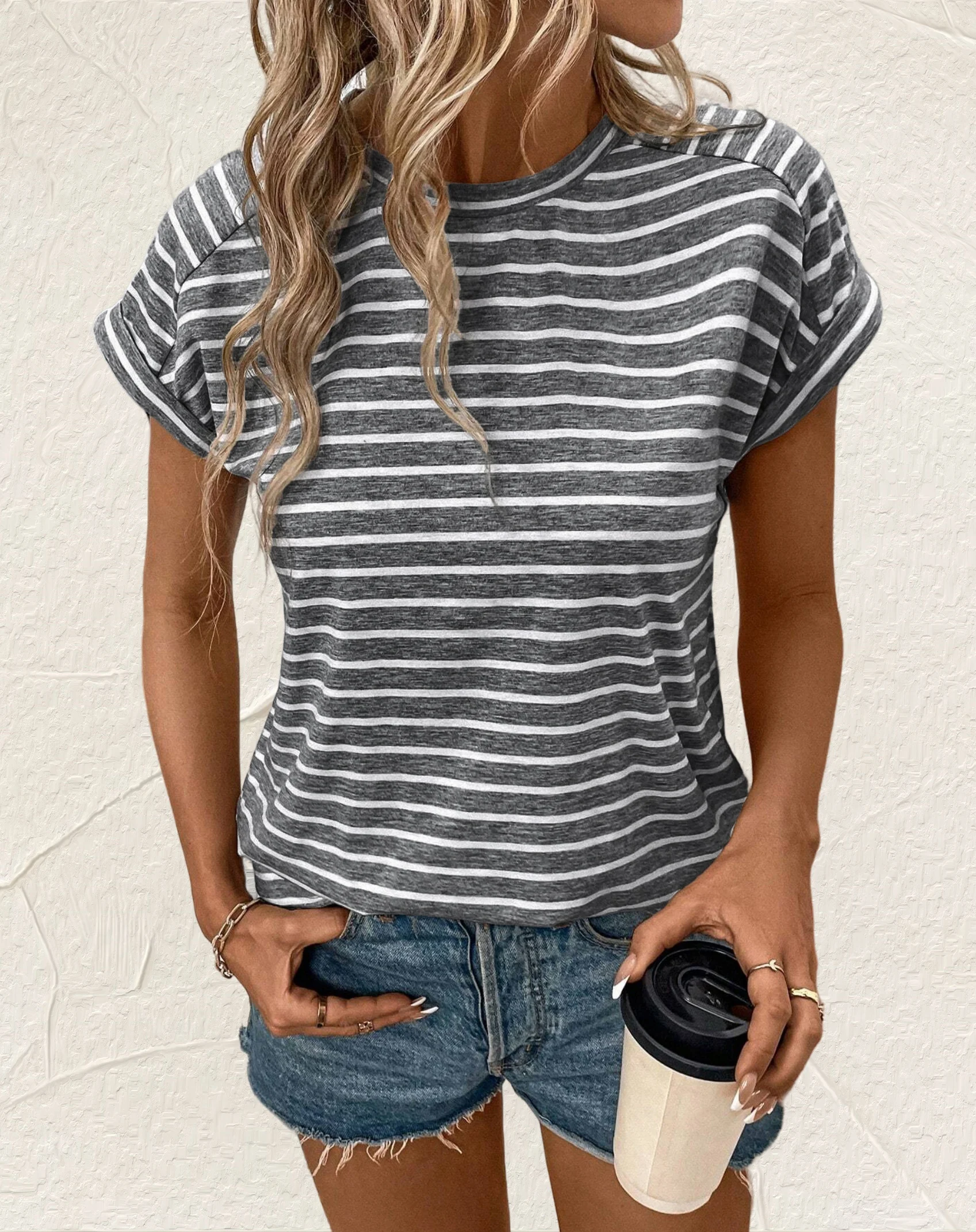 Damen-T-Shirt mit gestreiftem Print, Rundhalsausschnitt und Fledermausärmeln für Frühling/Sommer