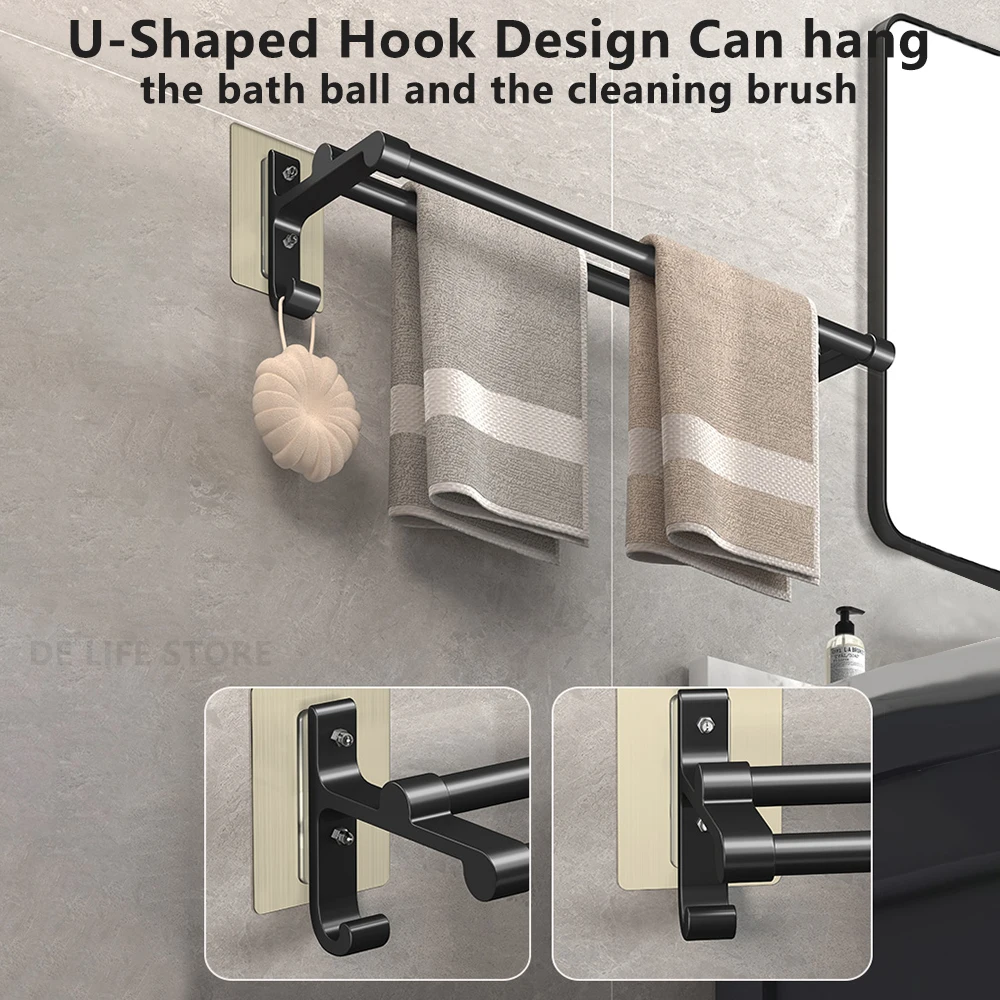 Self-Adhesive Bathroom Towel Rack With Double Rod Space Aluminum Towel Holder Without Drilling Bath Hanger Bathroom Accessories