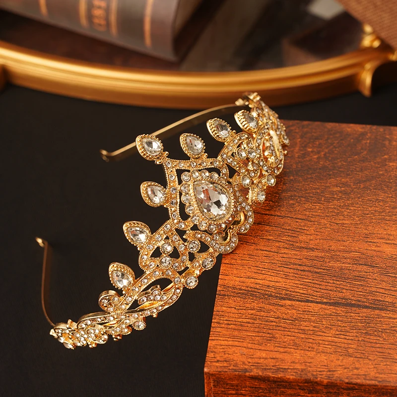 Water Drop Green Red Rhinestone Bridal Crown Morocco Trendy Luxury Gold Plated Bridal Headdress Arabic Wedding Gifts for Women