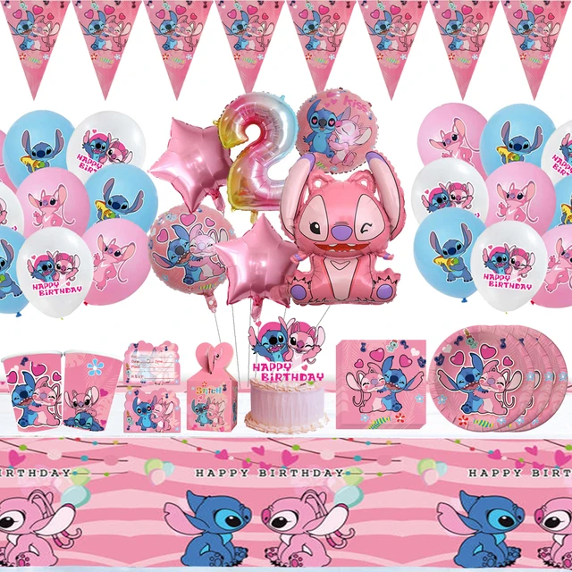 Rosa Lilo e Stitch decorazione di compleanno per bambina piatto di carta  usa e getta Banner tovaglioli palloncini Baby Shower forniture per feste  per bambini - AliExpress