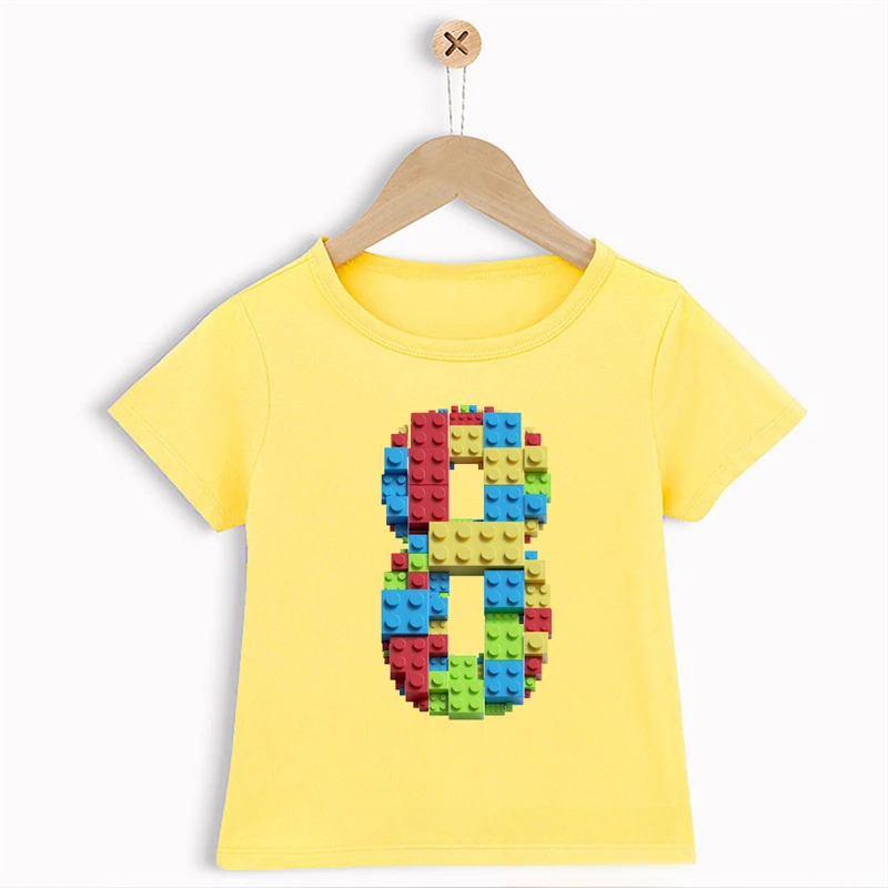 thumbnail image 1 of Camiseta de algodón para niños, camiseta con estampado digital de bloques de construcción para cumpleaños, ropa bonita para niños con nombre personalizado, camisetas blancas, 1 of 5