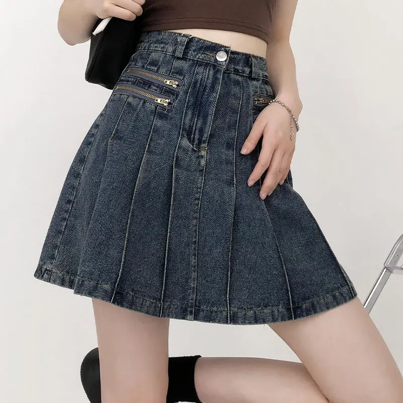 

200kgs Wearable Oversize Denim Skirts Women Double Zippered Slim Pleated Short Skirt High Waist A-line Spicy Girls Street Wear
