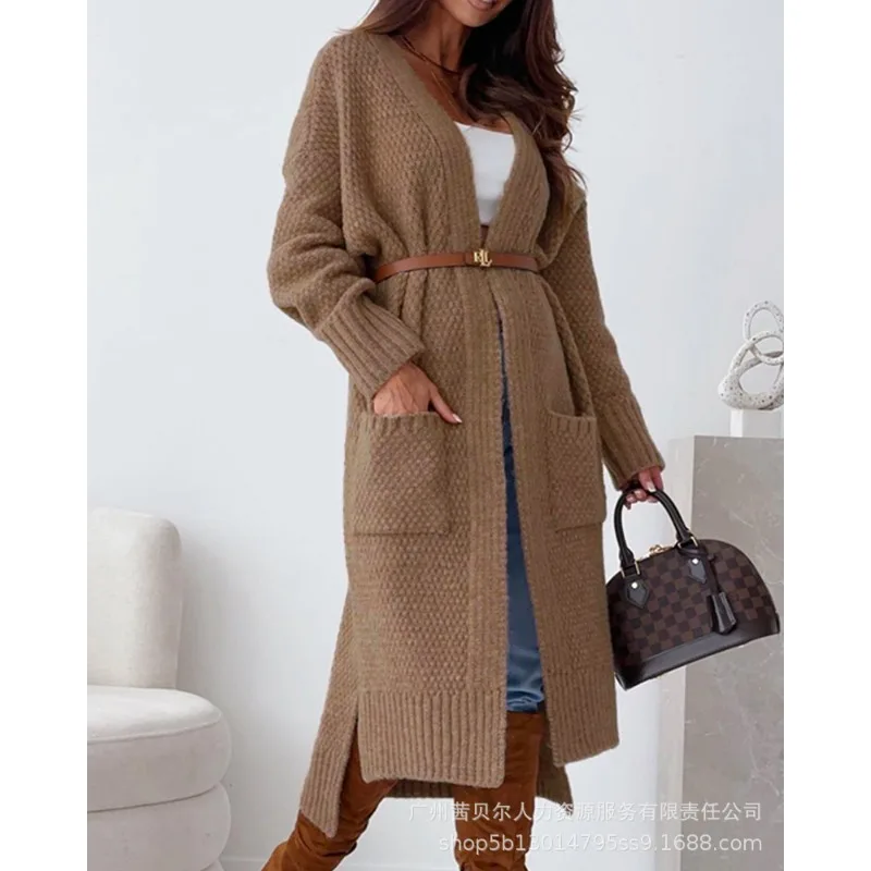 

Knitted Cardigan Losoe Loose Long Sweater Y2K Mid-Length Woolen Coat Sweater Women Solid Color Long Sleeve Outwear Coats