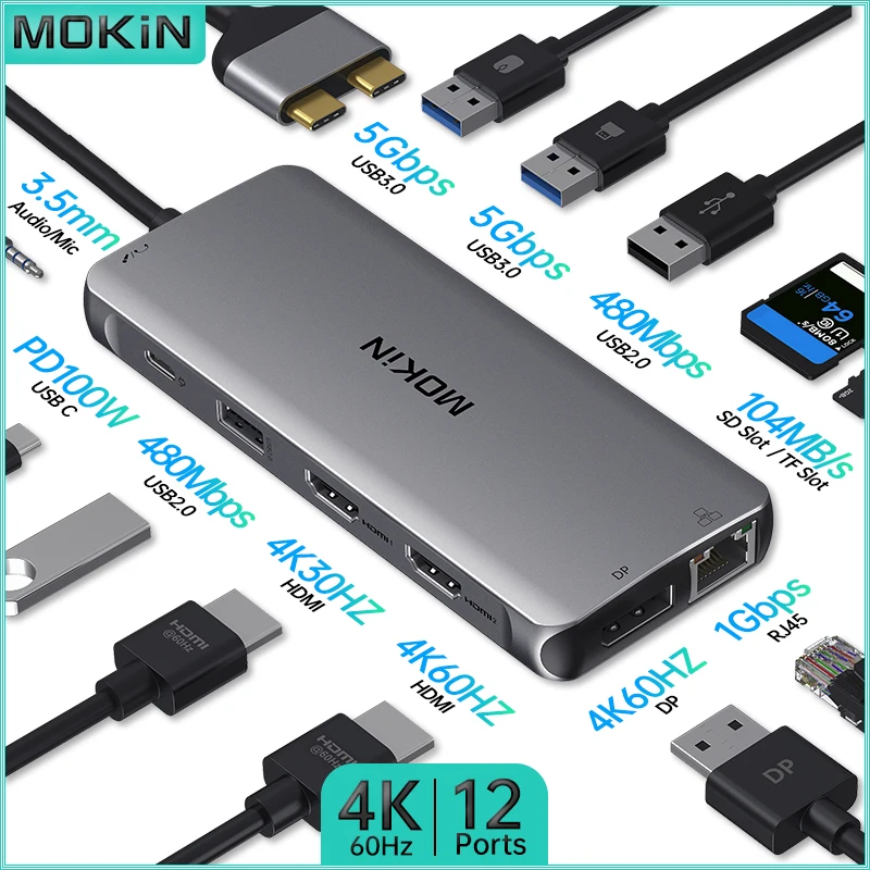 

MOKiN Thunderbolt Laptop Docking Station 12 in 2 for MacBook Air/Pro, iPad - HDMI 4K30Hz, DP 4K60Hz, PD 100W, SD, RJ45 1Gbps