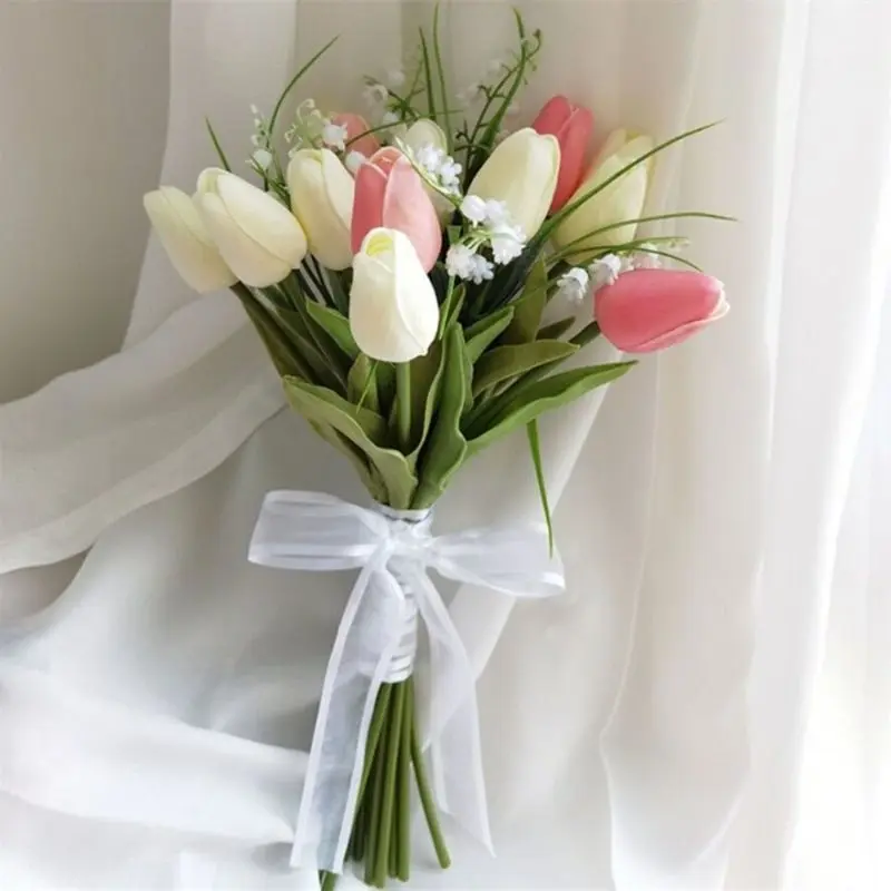 Lily of the Valley holding bouquet of lotus tulips French elegant bride wedding photography props home decoration