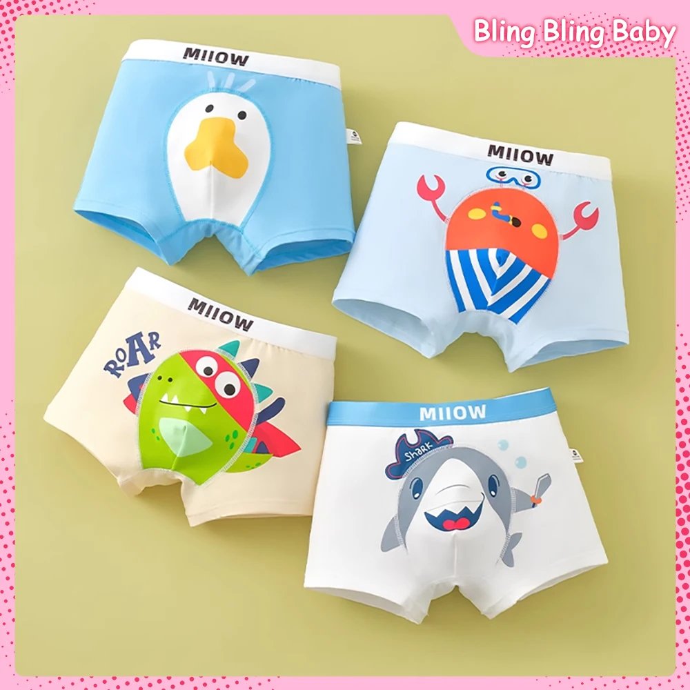 

3/4Pcs Boy Cartoon Boxer Briefs Crab Raccoon Shark Printing Soft Cotton Children Underwear M-5Xl Size Healthy Breathable Briefs