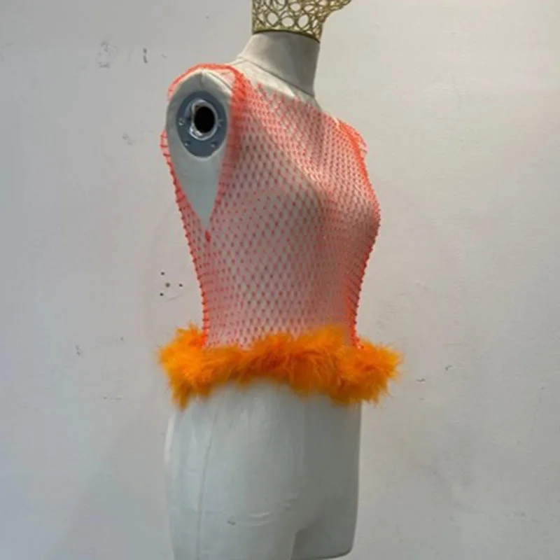 KUCLUT Fashion Fishnet Diamond Slim Fit Stretch Rhinestone Sleeveless Ostrich Feather Tank Tops For Women Hollow Out Vest 1A2075