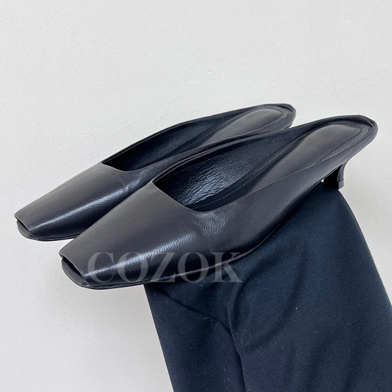 

Ladies Lazy Slippers Summer New Unique Baotou Design Genuine Leather Material Kitten Heel Shoes Vintage Roman Style Female Pumps