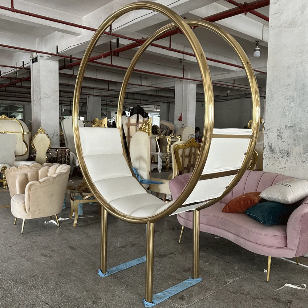 Luxury Wedding Furniture Gold Love Double Seat Sofa Chair Stainless steel Moon Circle Leather Cushion Sofa For Event