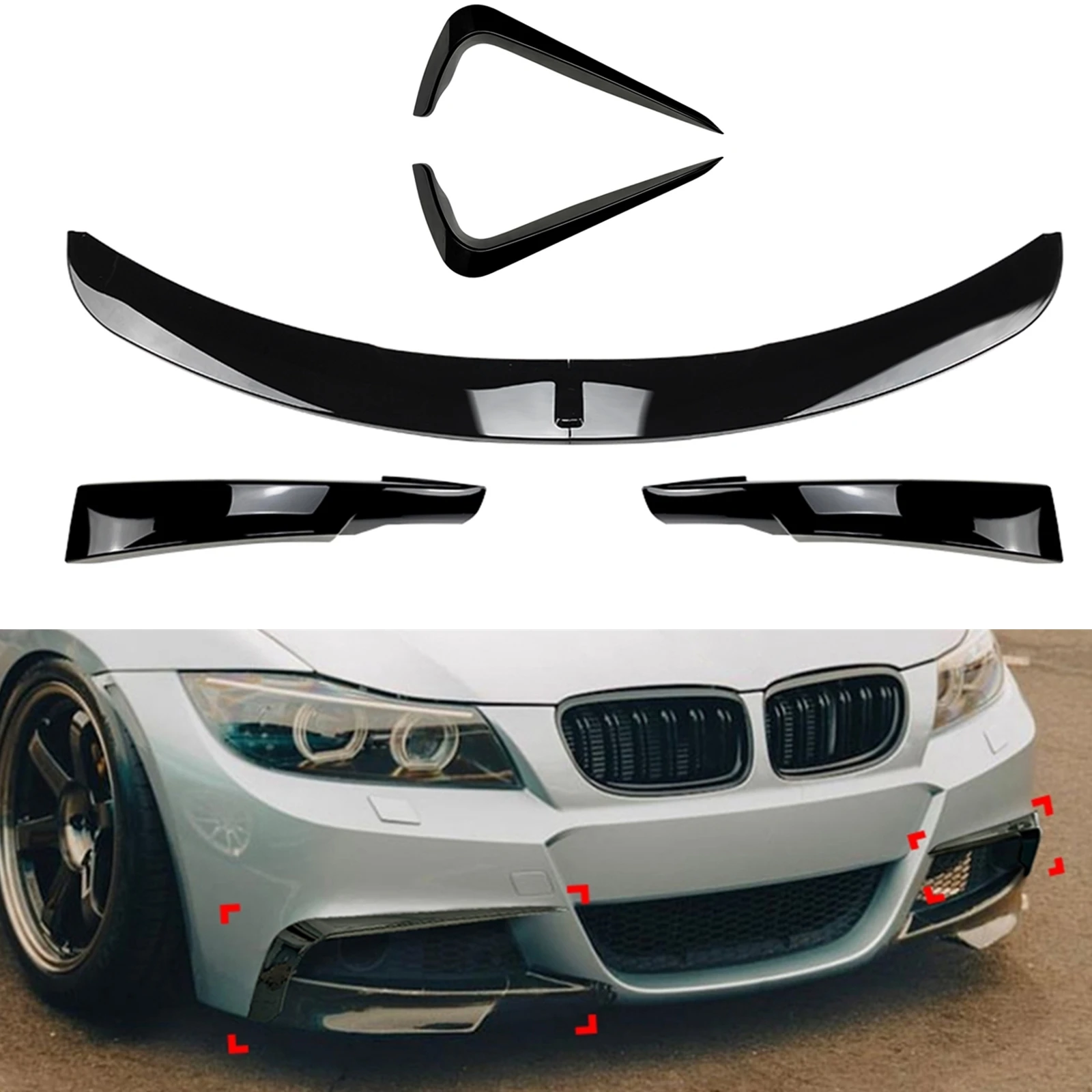 

For BMW 3 Series E90 E91 LCI M Sport 325i 335i 2009-2012 Front Bumper Spoiler Lip Splitter+Side Air Vent Intake Frame Trims Kit