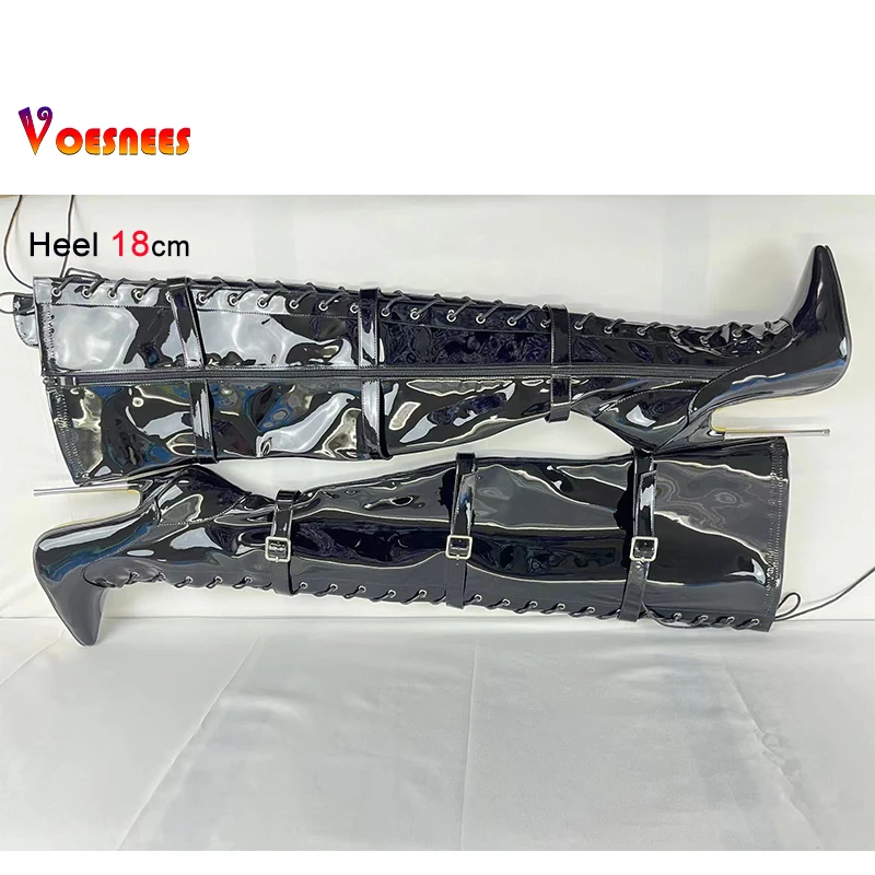 Black Sexy 18cm Metal Over Knee Women Boots Night Club Stage Pole Dance Thigh High Buckle Belts Boots Custom Colors Plus Size 46