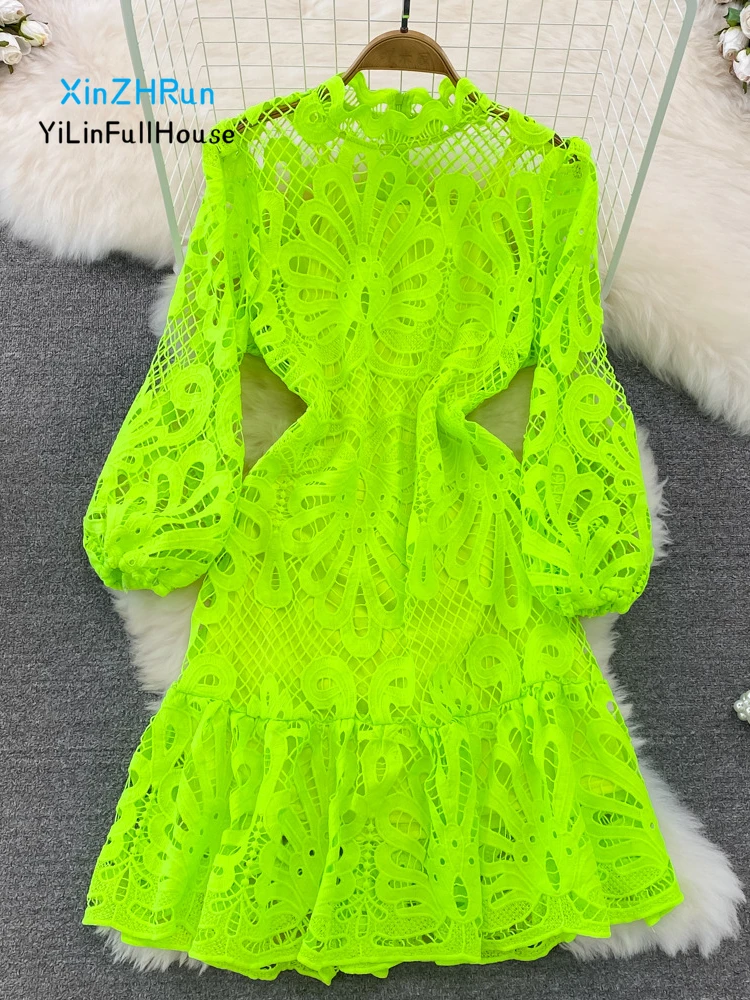 

Summer New Women Fashionable Temperament Half High Neckline Bubble Sleeve Lace Dress Women's A-line Hook Flower Hollow Out Dress