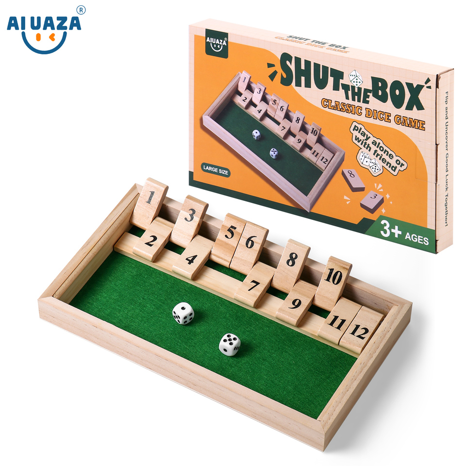 AIUAZA Wooden Shut The Box Numbers Dice Game Board With 2 Wooden Dices, Classic Tabletop Version Of The Popular English Pub Game