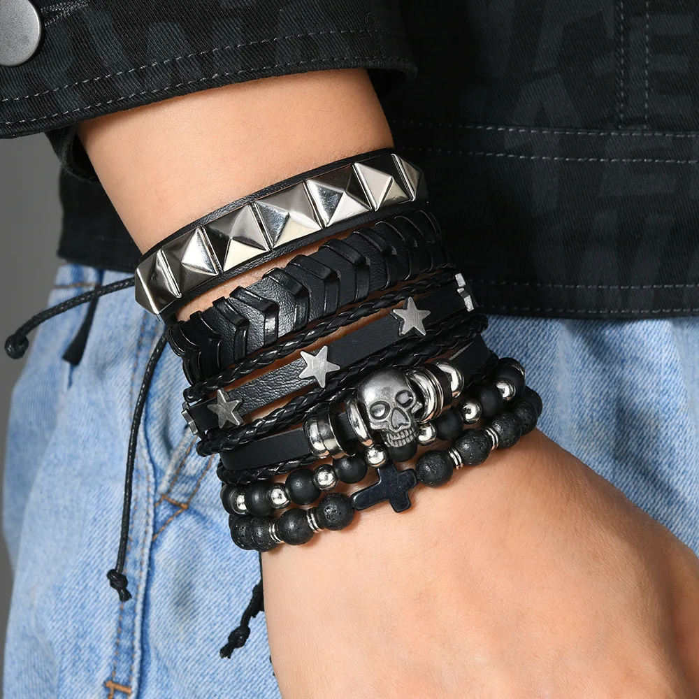 Vintage Gothic Style Leather Bracelets For Men Fashion Punk Cosplay Cross Star Braided Rope Chain Leather Bracelets Gifts