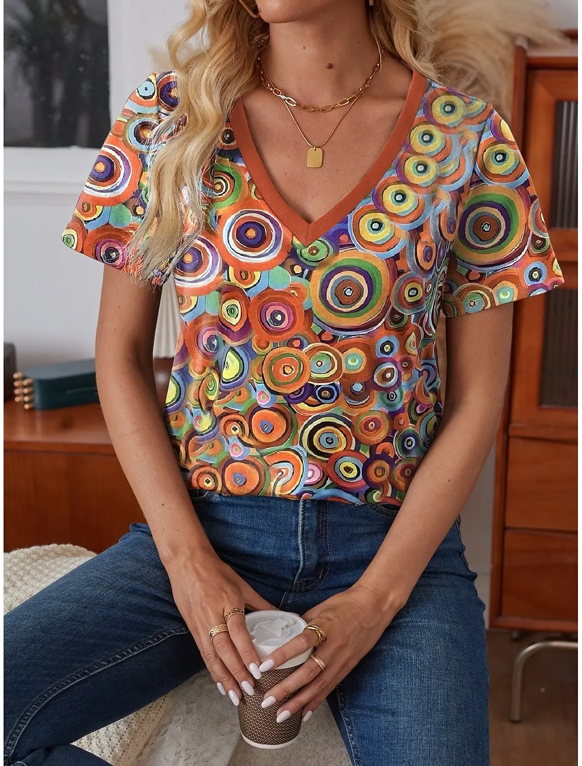 2025 Ethnic Women's T-Shirt Vintage Graphics Fashion Short Sleeved V-Neck Regular Tops Daily Print Tee Summer Spring Casual Tops 5