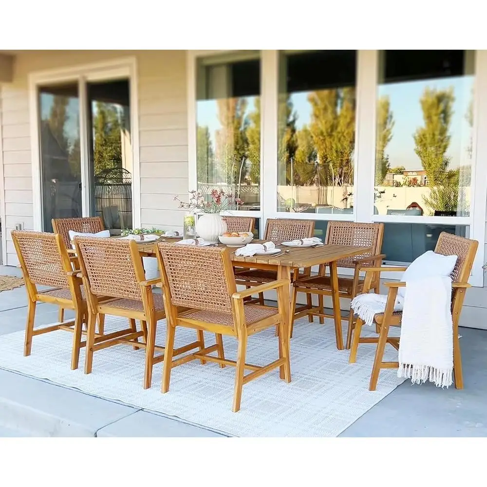 Outdoor Acacia Wood Dining Chairs Set of 4 Strong Wicker Back Armchairs Farmhouse Style Patio Deck Furniture Heavy Duty Assembly 3