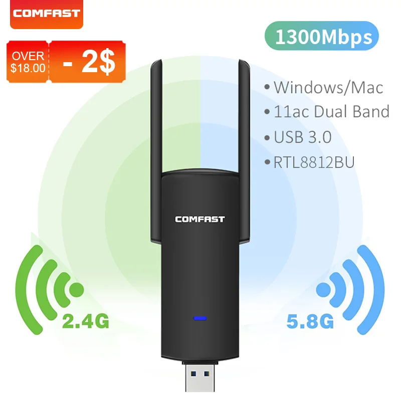 USB Wifi Adapter 1300Mbps RTL8812BU Dual Band  for PC Black Ethernet Wi-Fi Dongle External Antenna  Wi Fi Receiver Network Card