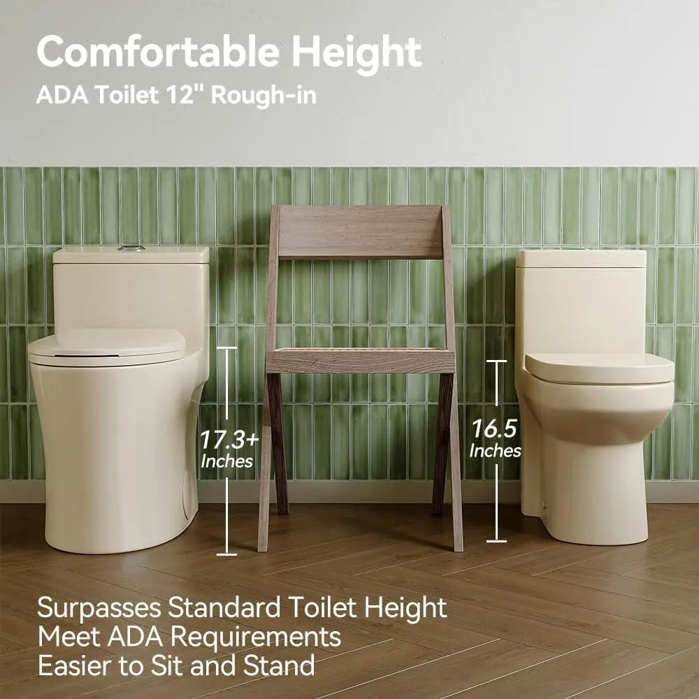 Elongated One Piece Toilet Bisque ADA Toilet 17.3" with Comfortable Chair Height Seat Modern Toilet for Bathroom 3
