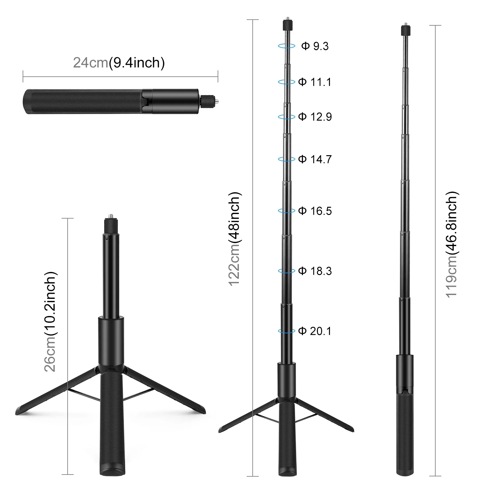 Gros plan sur le mécanisme de fixation du trépied perche à selfie 2-en-1 pour Insta360 GoPro, léger et portable.