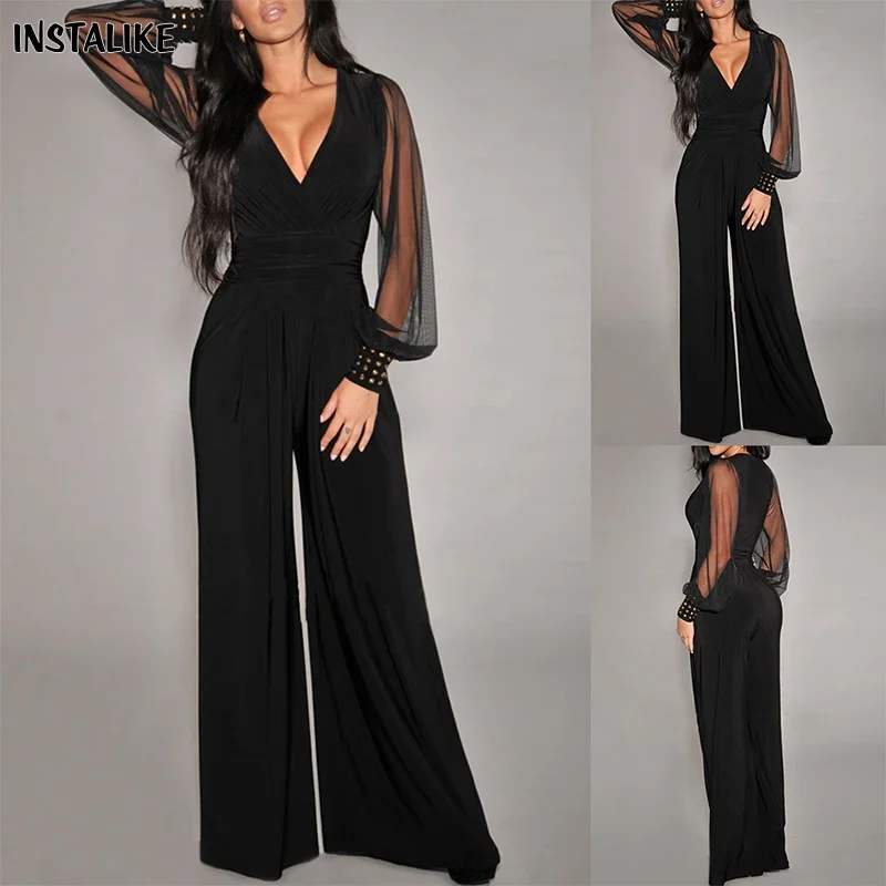 InstaLike Mesh See Through Partywear Romper Jumpsuits V-neck Patchwork Plus Size Sexy Club Outfit Rivet Straight Jumpsuit Mujer