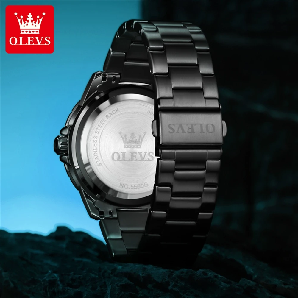 OLEVS Classic Black Quartz Watch for Men Stainless Steel Sports Waterproof Luminous Week Date Mens Watches Relogio Masculino