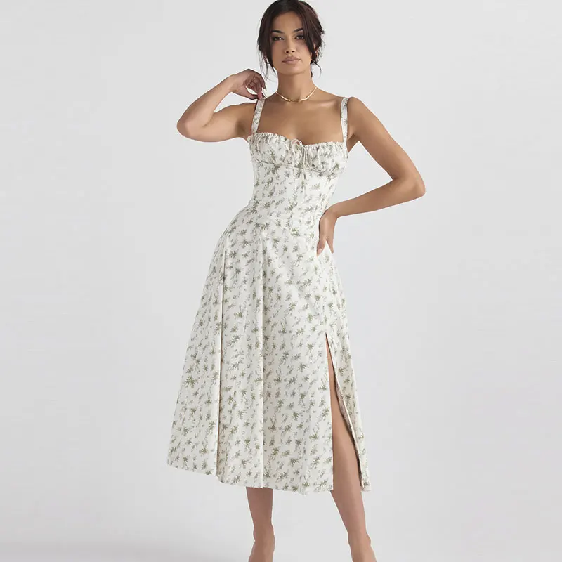 Robe à bretelles imprimée florale pour femmes, robe trapèze élégante, couleur unie, coupe couvertes, fente latérale, taille, été 2023 12