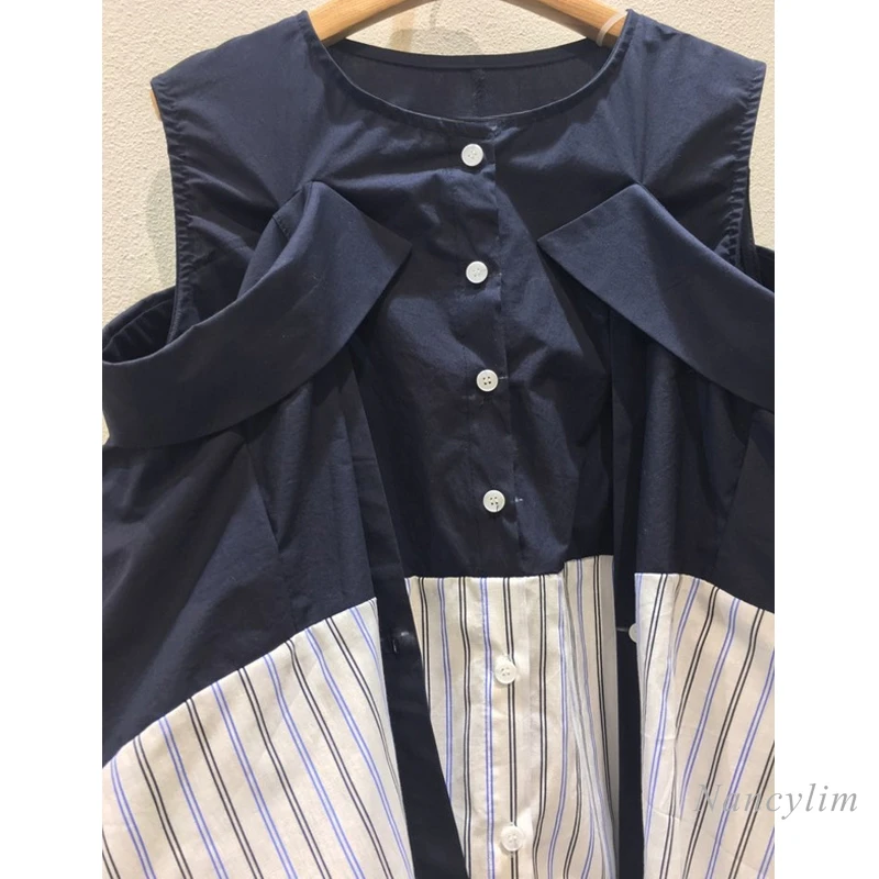 Striped Shoulder Long Sleeve Shirt  for Women False Two-Piece Spring Loose Korean Style Off-Shoulder Blouse Loose Patchwork Top