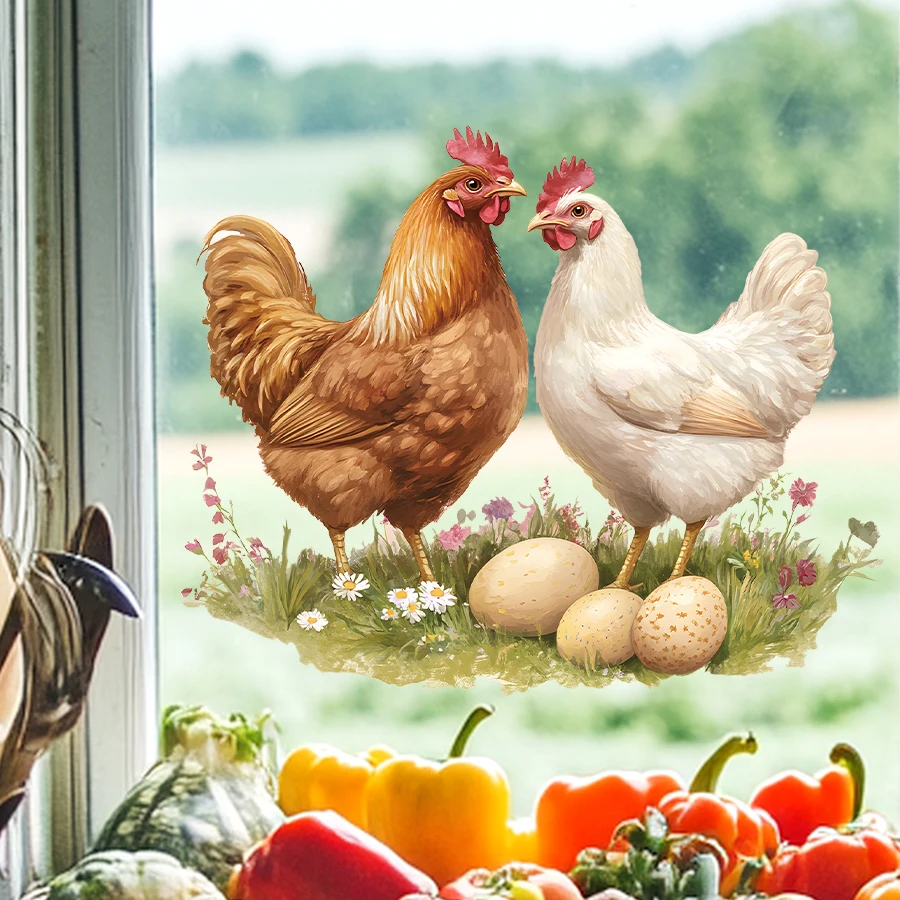 Double Sided Visibility Removable Windows Stickers Realistic Chicken Pattern Glass Decals 1pcs For Kitchen Living Room Decor